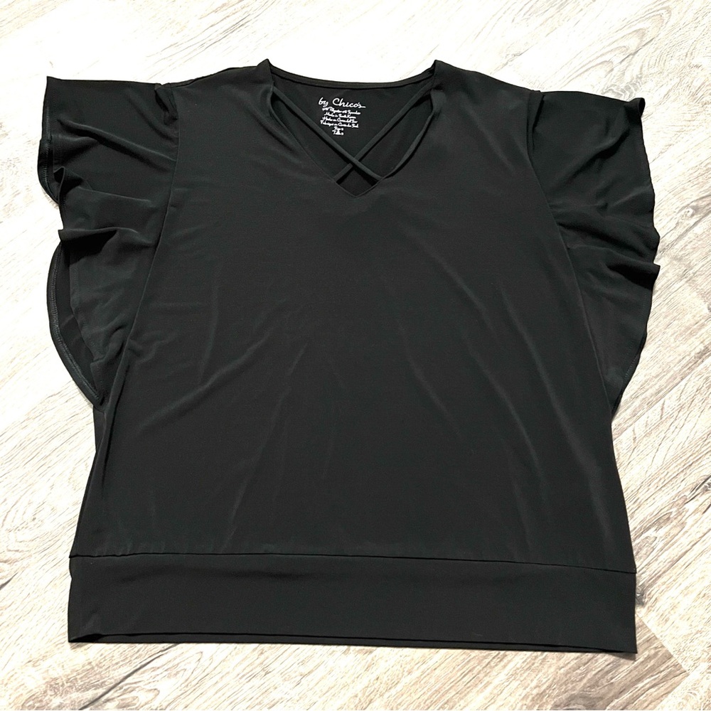 Chico’s Women’s Strappy Front Black Casual Top Butterfly Sleeves Size 2 (Large)